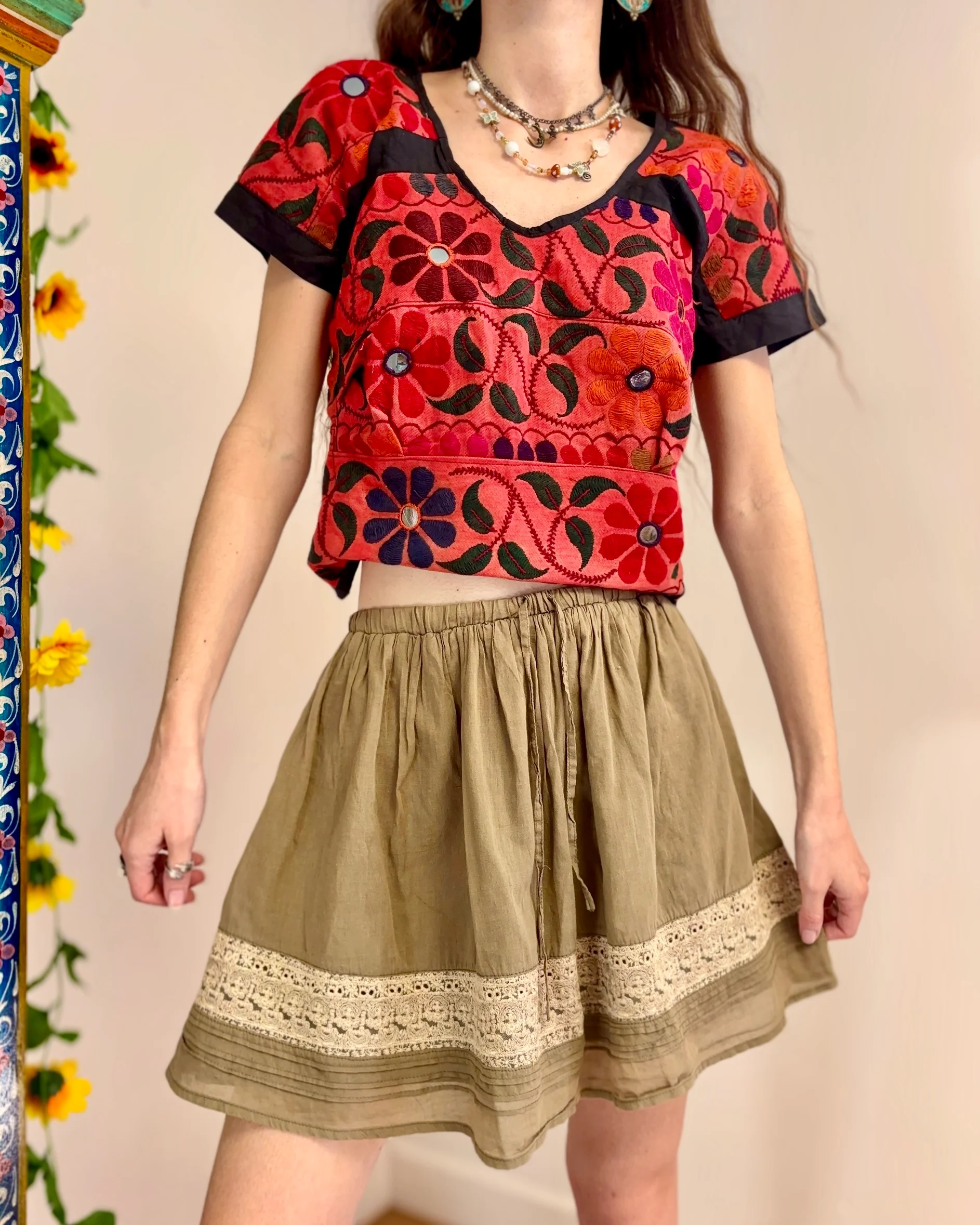 Bohemian Blossoms Embroidered Top & Skirt Set